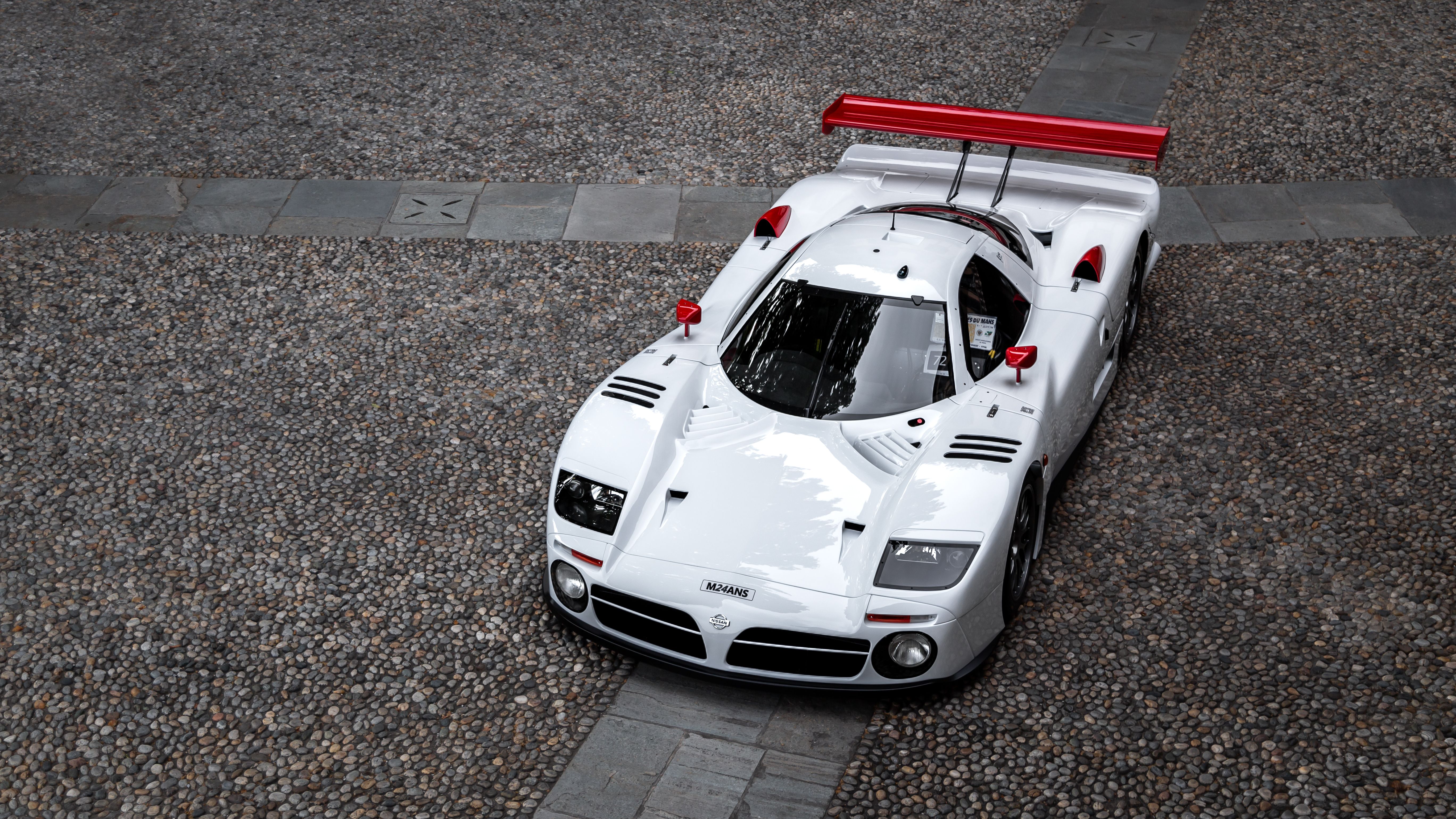 Nissan R390 GT1 in white race livery, front view